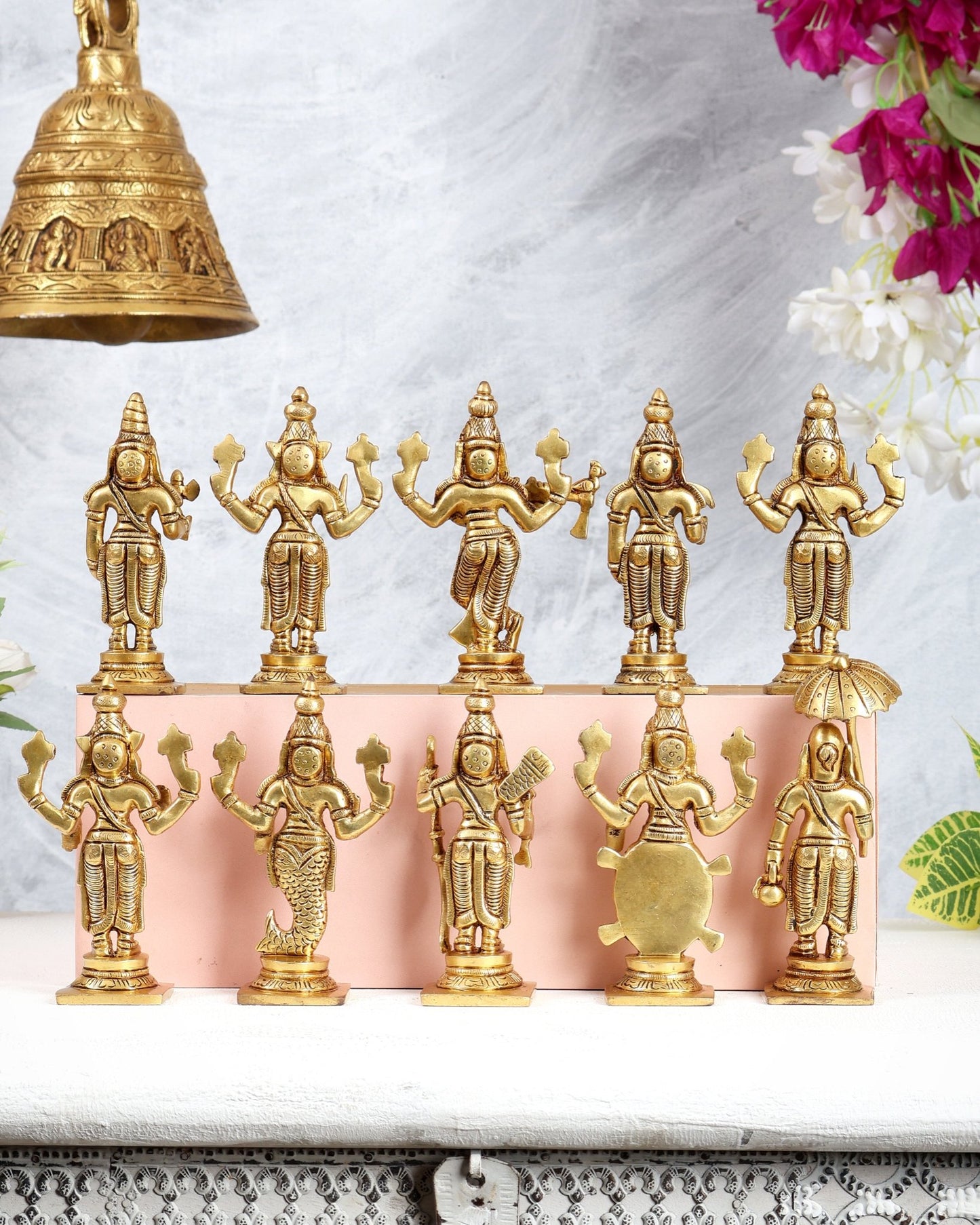 Vishnu Dashavatar Pure Brass Superfine Idols Set 4.5 inch - Budhshiv.com