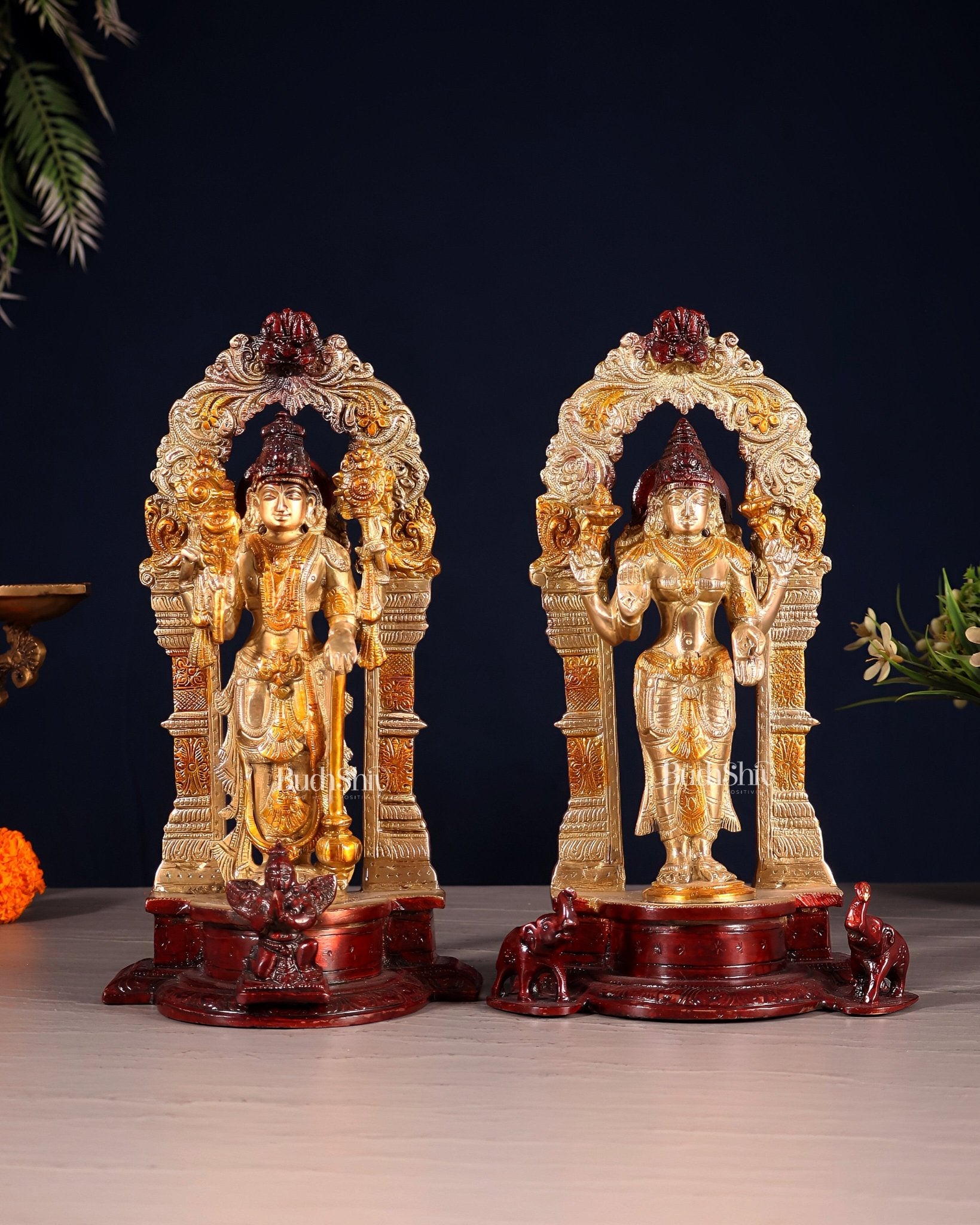 Vishnu Lakshmi Brass idols 9 inch three tone finish - Budhshiv.com