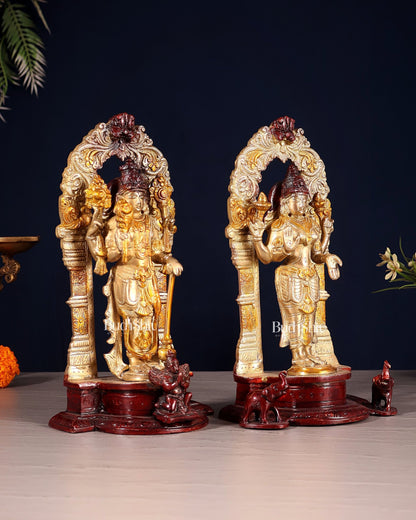 Vishnu Lakshmi Brass idols 9 inch three tone finish - Budhshiv.com