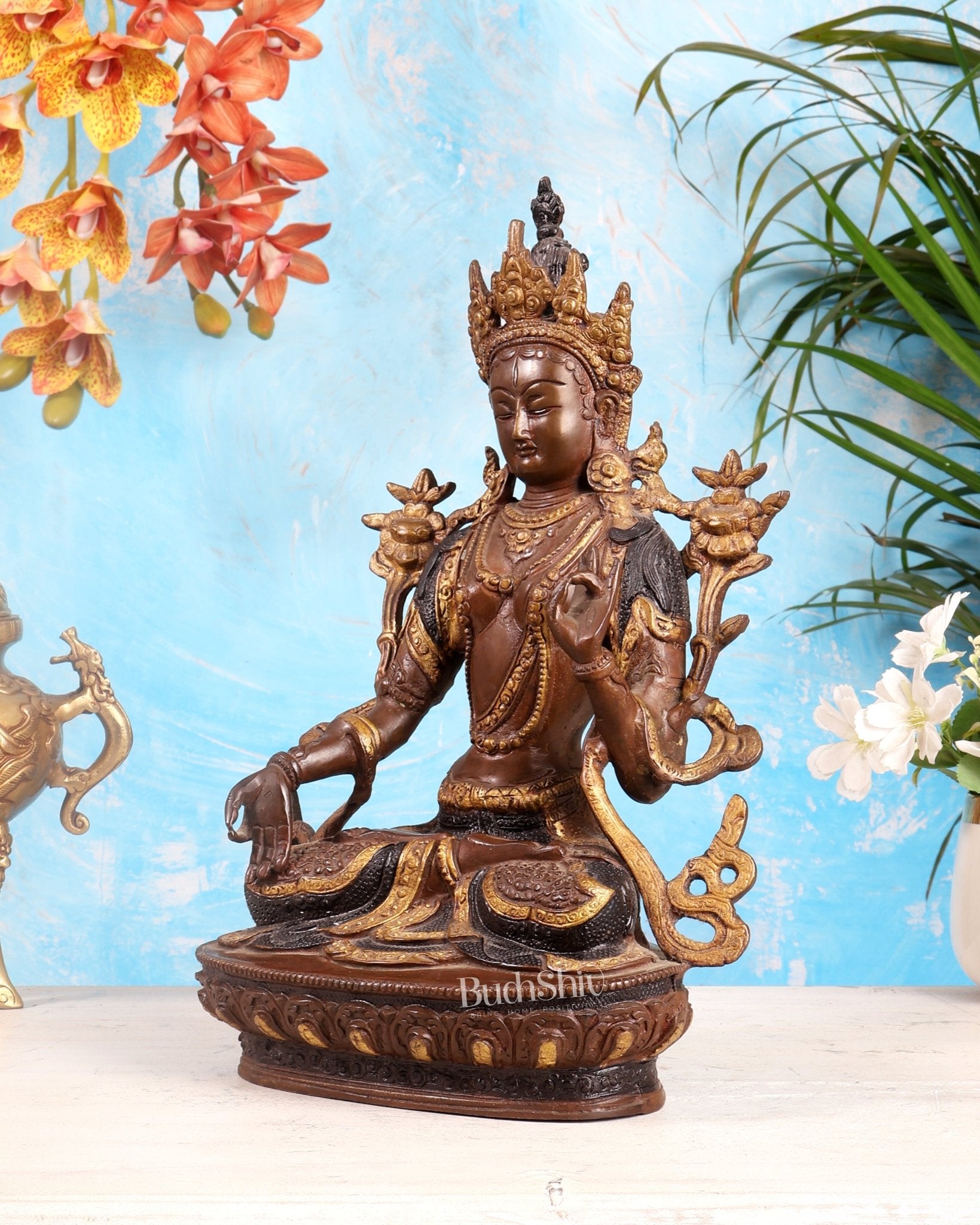 White Tara Pure Brass Statue – Nepalese Copper Tone | 12" - Budhshiv.com