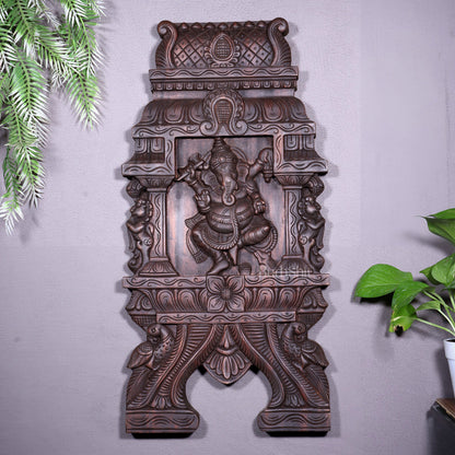 Wooden Dancing Ganesha Wall Hanging Panel – Handcrafted 23.6" - Budhshiv.com