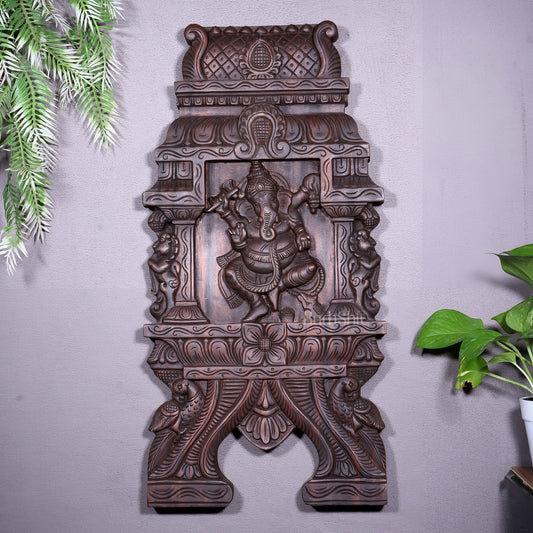 Wooden Dancing Ganesha Wall Hanging Panel – Handcrafted 23.6" - Budhshiv.com