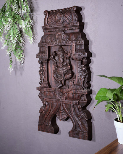 Wooden Dancing Ganesha Wall Hanging Panel – Handcrafted 23.6" - Budhshiv.com