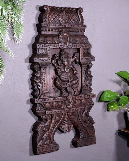 Wooden Dancing Ganesha Wall Hanging Panel – Handcrafted 23.6" - Budhshiv.com