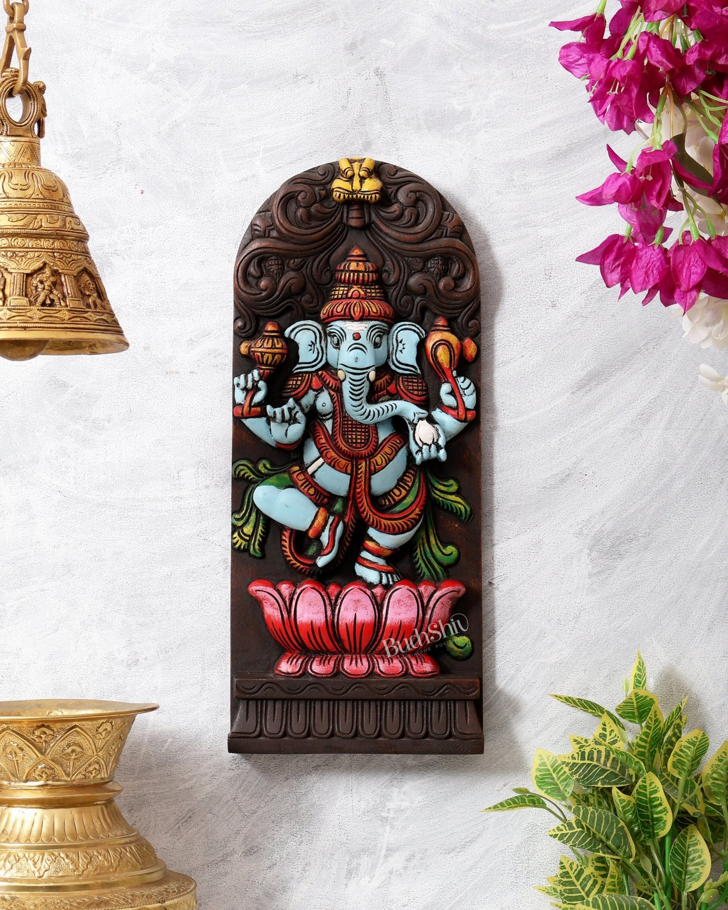Wooden Ganesha Dancing on Lotus Motif – Vertical Wall Hanging Panel - Budhshiv.com