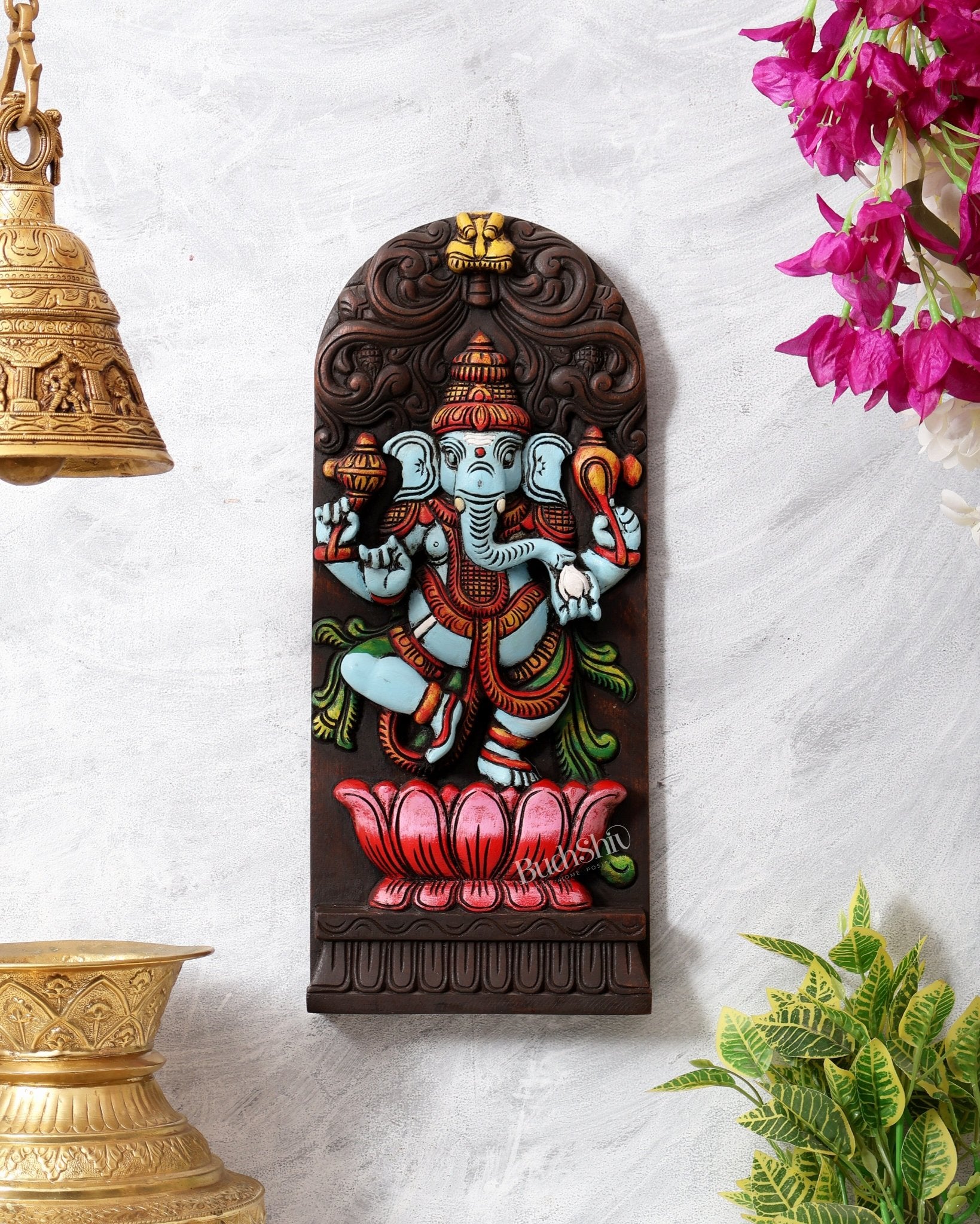 Wooden Ganesha Dancing on Lotus Motif – Vertical Wall Hanging Panel - Budhshiv.com