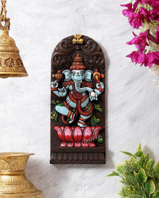 Wooden Ganesha Dancing on Lotus Motif – Vertical Wall Hanging Panel - Budhshiv.com
