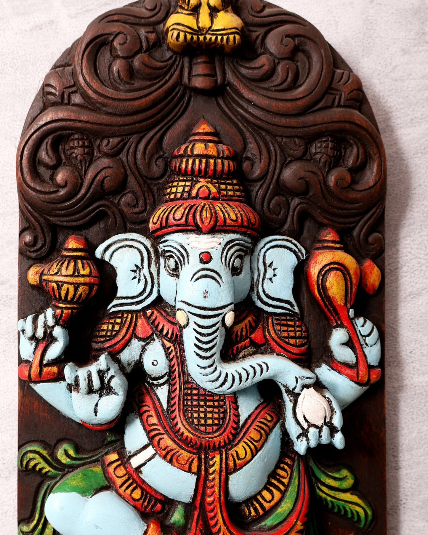 Wooden Ganesha Dancing on Lotus Motif – Vertical Wall Hanging Panel - Budhshiv.com
