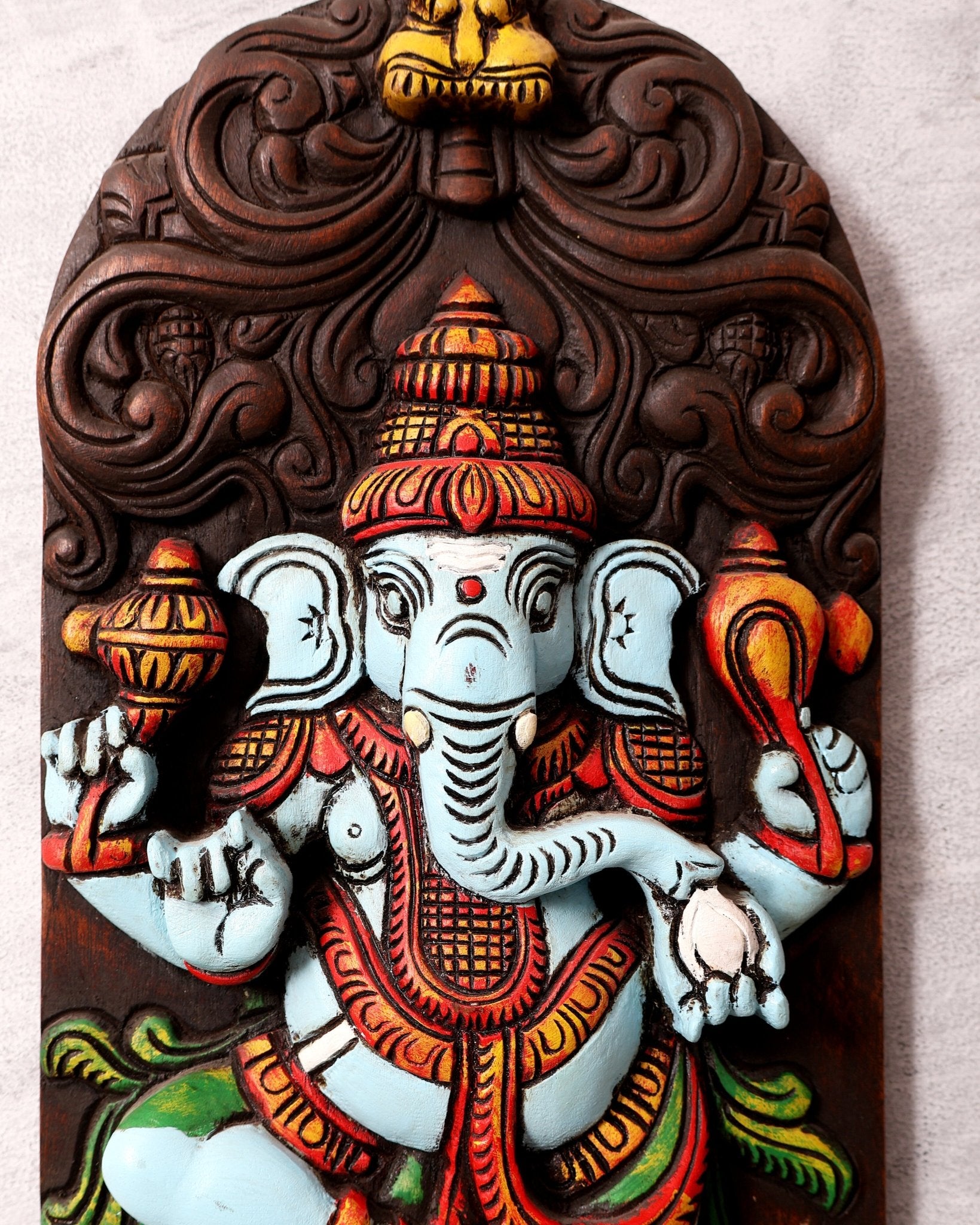 Wooden Ganesha Dancing on Lotus Motif – Vertical Wall Hanging Panel - Budhshiv.com