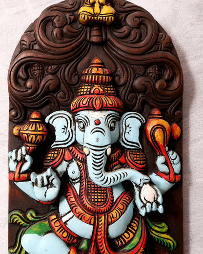 Wooden Ganesha Dancing on Lotus Motif – Vertical Wall Hanging Panel - Budhshiv.com