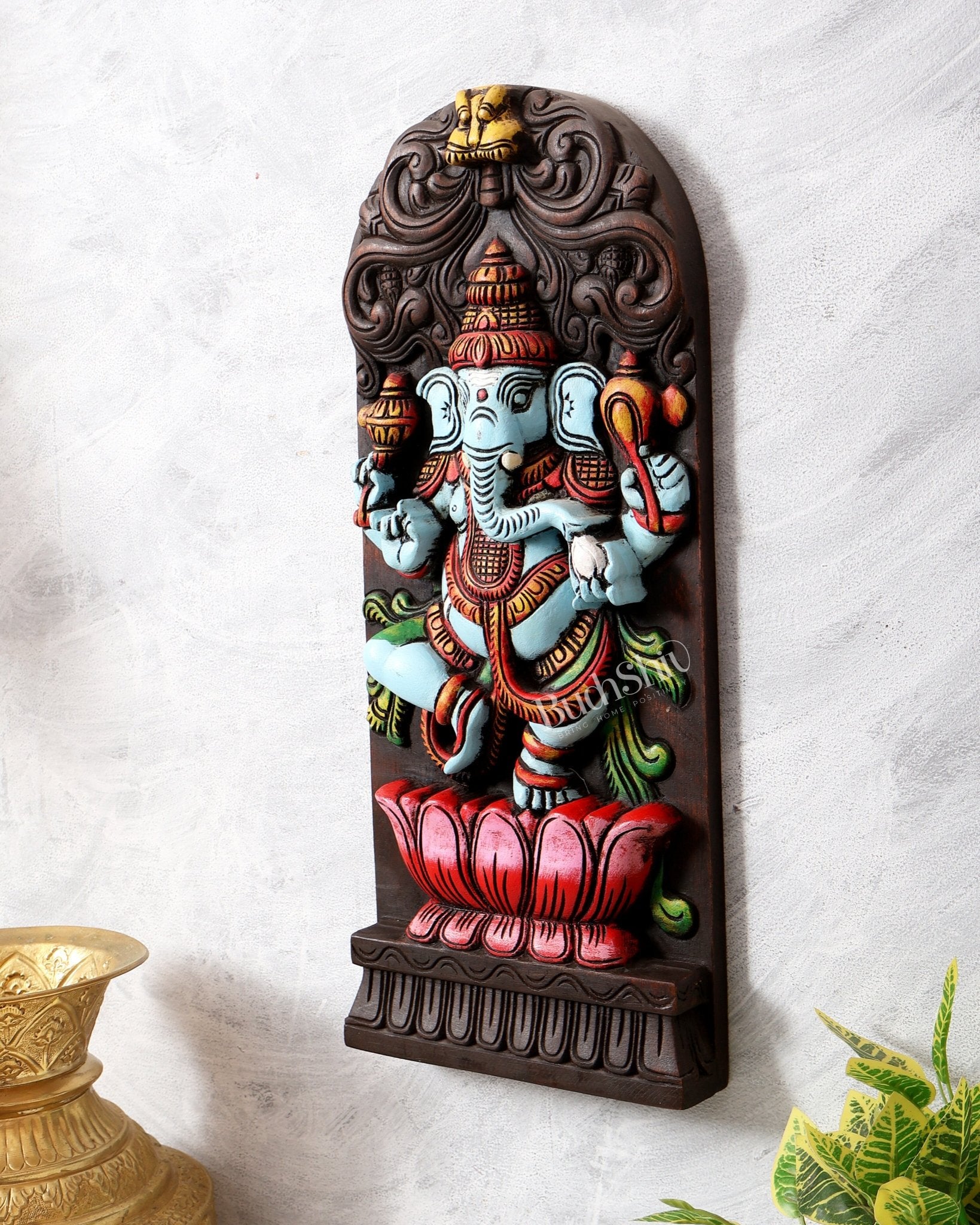 Wooden Ganesha Dancing on Lotus Motif – Vertical Wall Hanging Panel - Budhshiv.com