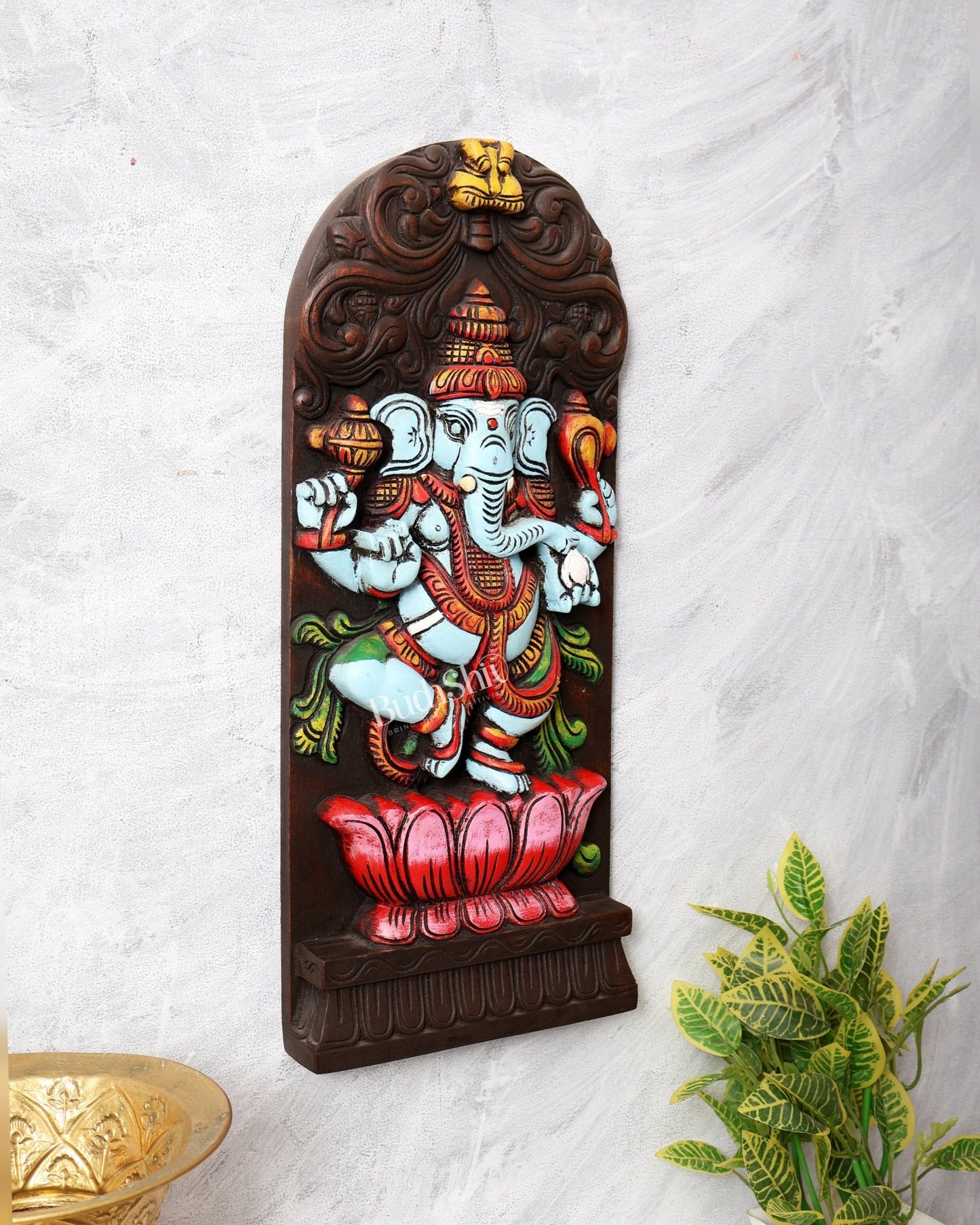 Wooden Ganesha Dancing on Lotus Motif – Vertical Wall Hanging Panel - Budhshiv.com