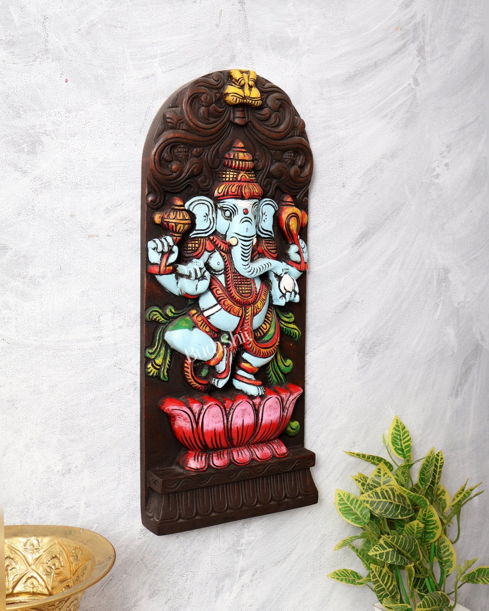 Wooden Ganesha Dancing on Lotus Motif – Vertical Wall Hanging Panel - Budhshiv.com