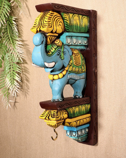 Wooden Hand - Painted Blue Elephant Wall Hanging Bracket – 12" - Budhshiv.com