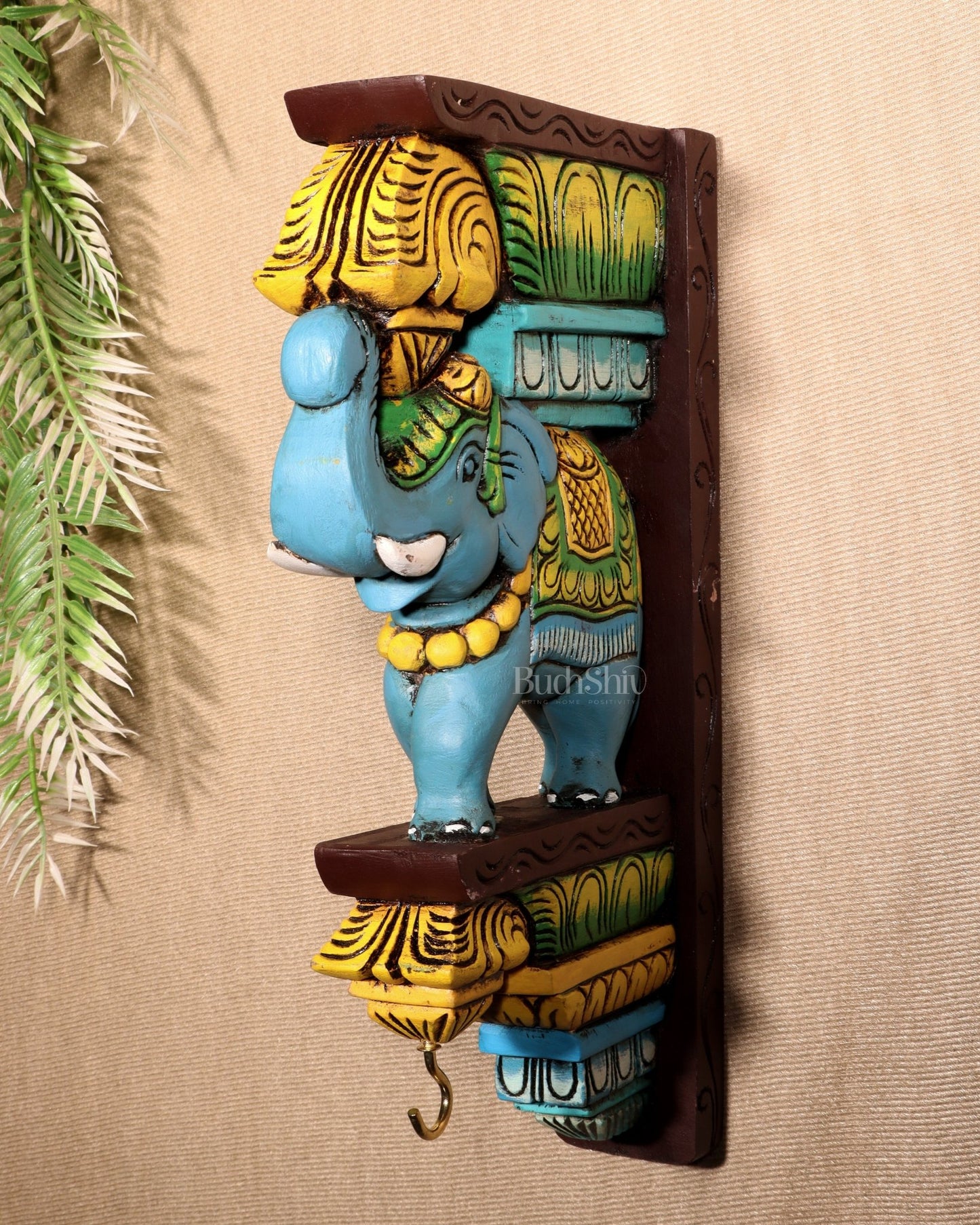 Wooden Hand - Painted Blue Elephant Wall Hanging Bracket – 12" - Budhshiv.com