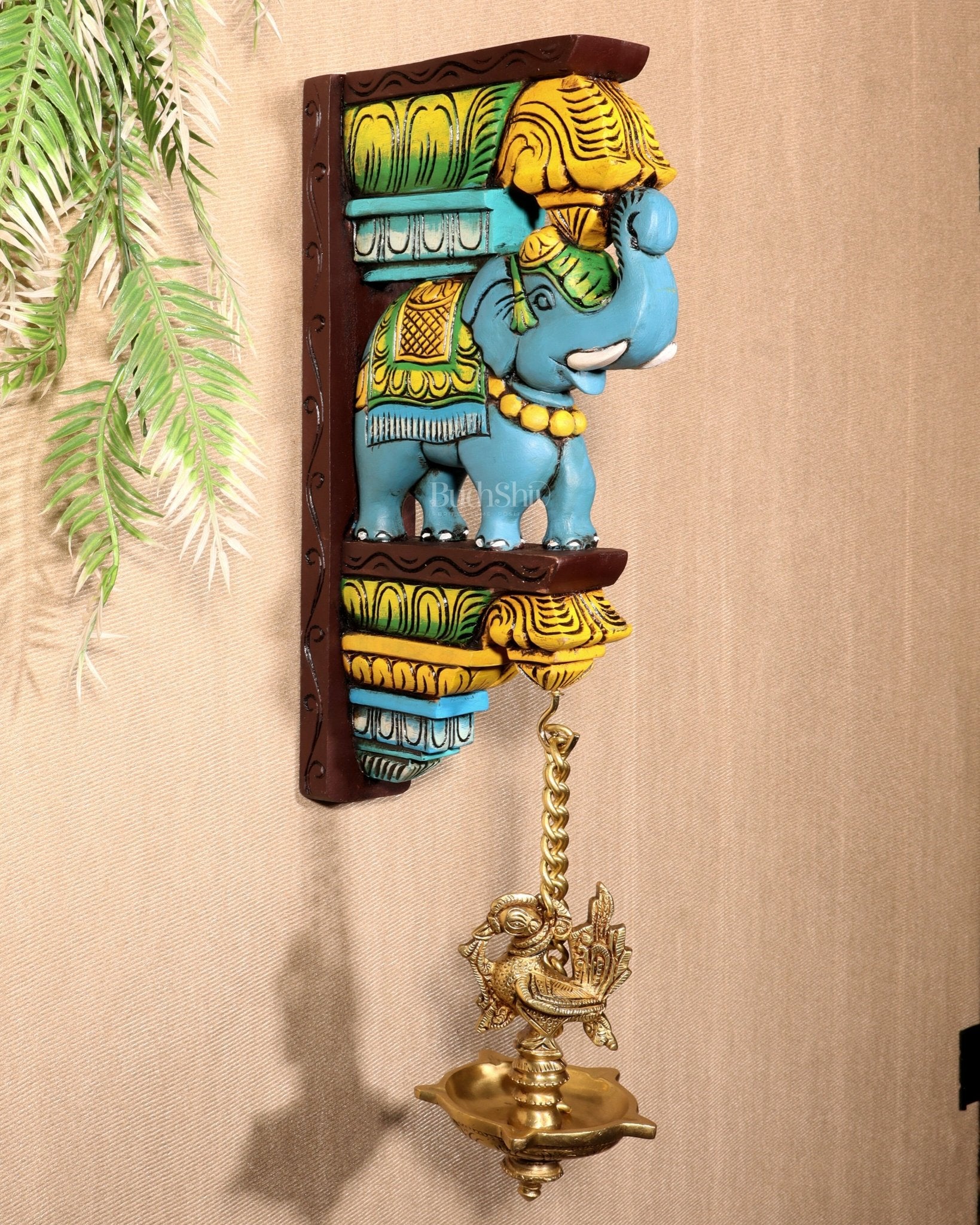 Wooden Hand - Painted Blue Elephant Wall Hanging Bracket – 12" - Budhshiv.com