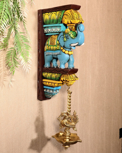 Wooden Hand - Painted Blue Elephant Wall Hanging Bracket – 12" - Budhshiv.com