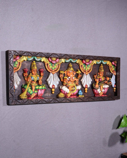 Wooden Horizontal Ganesh Lakshmi Saraswati Wall Hanging – Hand - Painted Panel 24 inch - Budhshiv.com