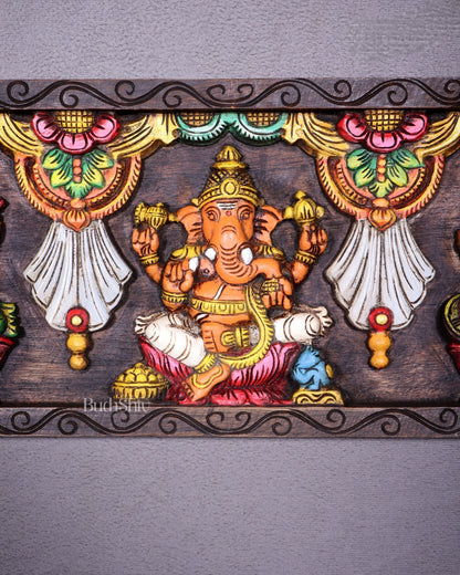 Wooden Horizontal Ganesh Lakshmi Saraswati Wall Hanging – Hand - Painted Panel 24 inch - Budhshiv.com