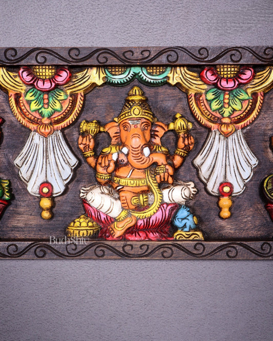 Wooden Horizontal Ganesh Lakshmi Saraswati Wall Hanging – Hand - Painted Panel 24 inch - Budhshiv.com