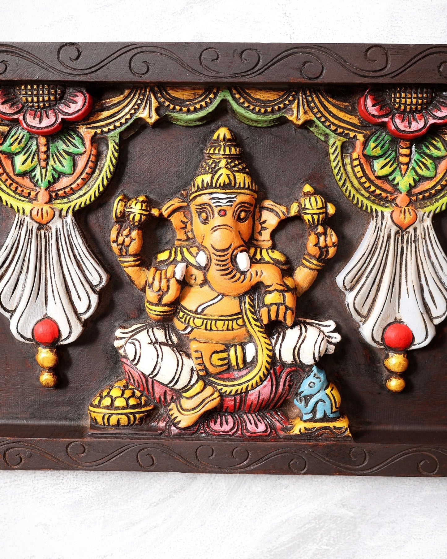 Wooden Horizontal Ganesh Lakshmi Saraswati Wall Hanging – Hand - Painted Panel 24 inch - Budhshiv.com