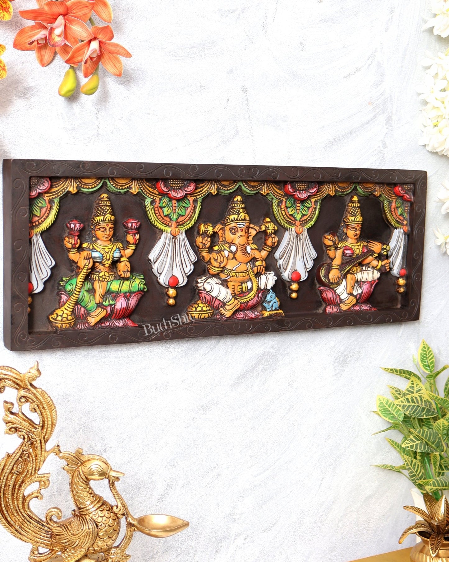 Wooden Horizontal Ganesh Lakshmi Saraswati Wall Hanging – Hand - Painted Panel 24 inch - Budhshiv.com