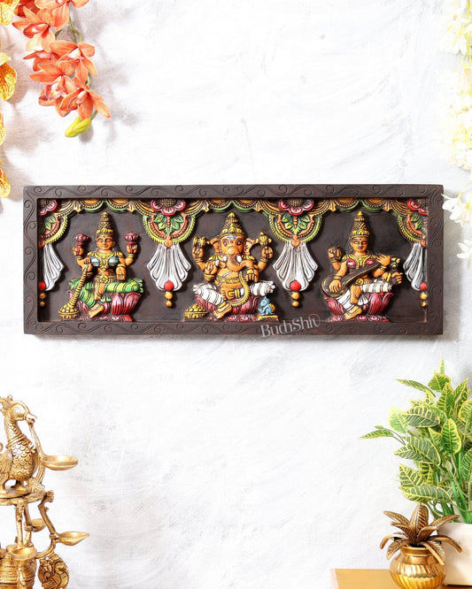 Wooden Horizontal Ganesh Lakshmi Saraswati Wall Hanging – Hand - Painted Panel 24 inch - Budhshiv.com