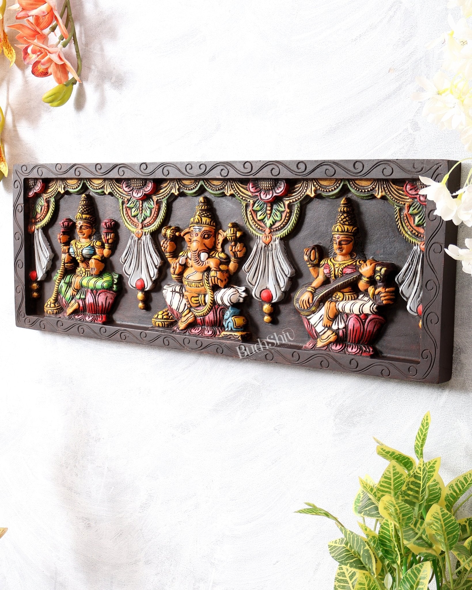 Wooden Horizontal Ganesh Lakshmi Saraswati Wall Hanging – Hand - Painted Panel 24 inch - Budhshiv.com
