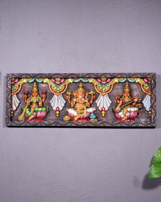 Wooden Horizontal Ganesh Lakshmi Saraswati Wall Hanging – Hand - Painted Panel 24 inch - Budhshiv.com