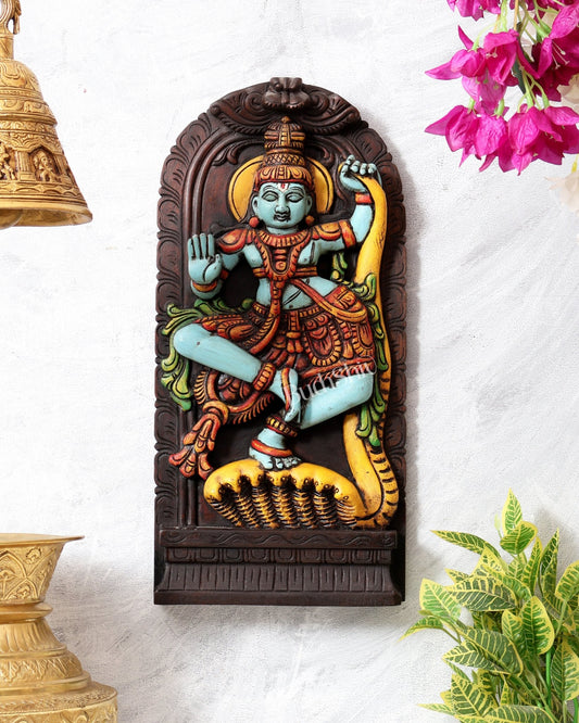 Wooden Kalinga Narthana Krishna Wall Hanging – Hand - Painted 18 inch - Budhshiv.com