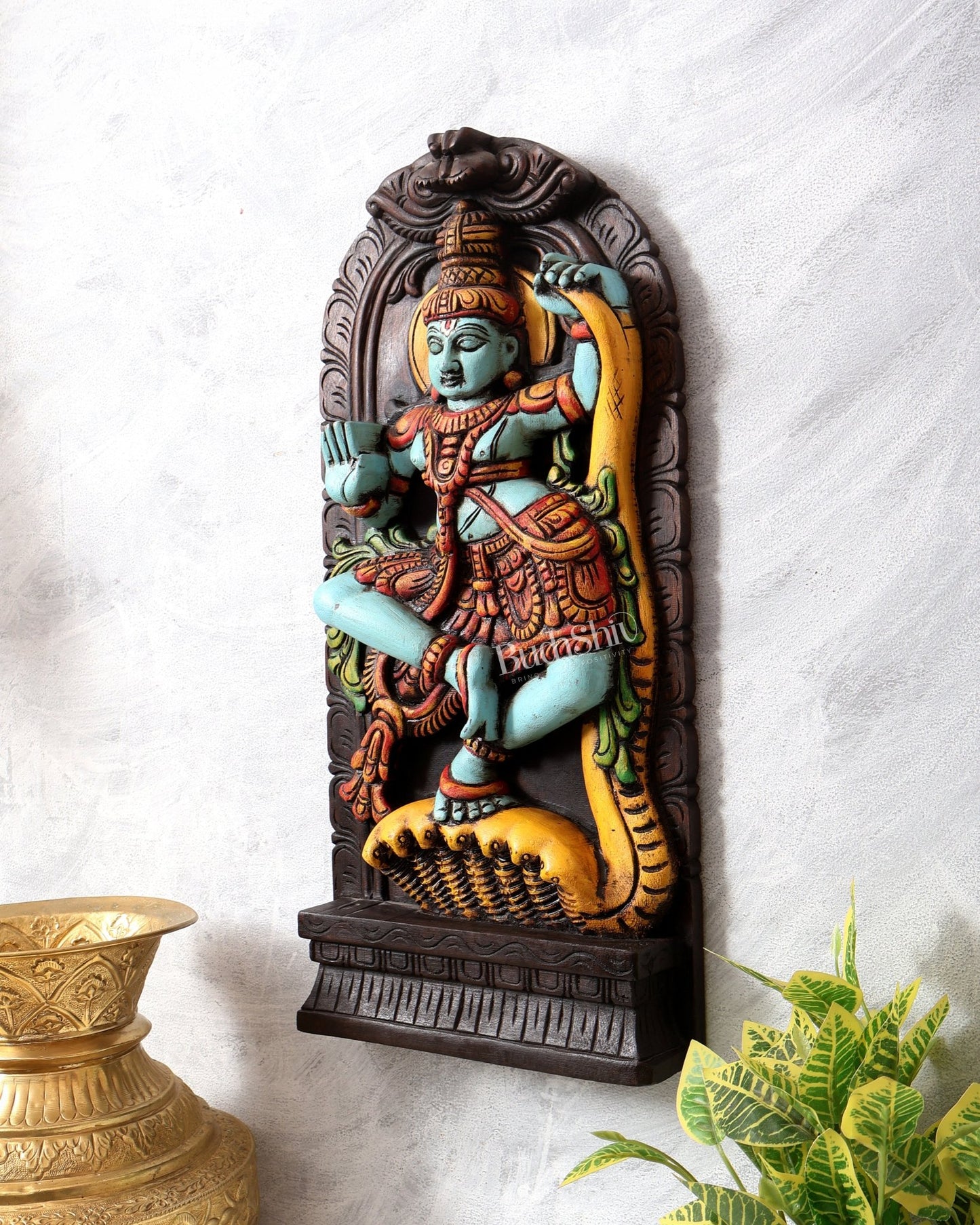 Wooden Kalinga Narthana Krishna Wall Hanging – Hand - Painted 18 inch - Budhshiv.com