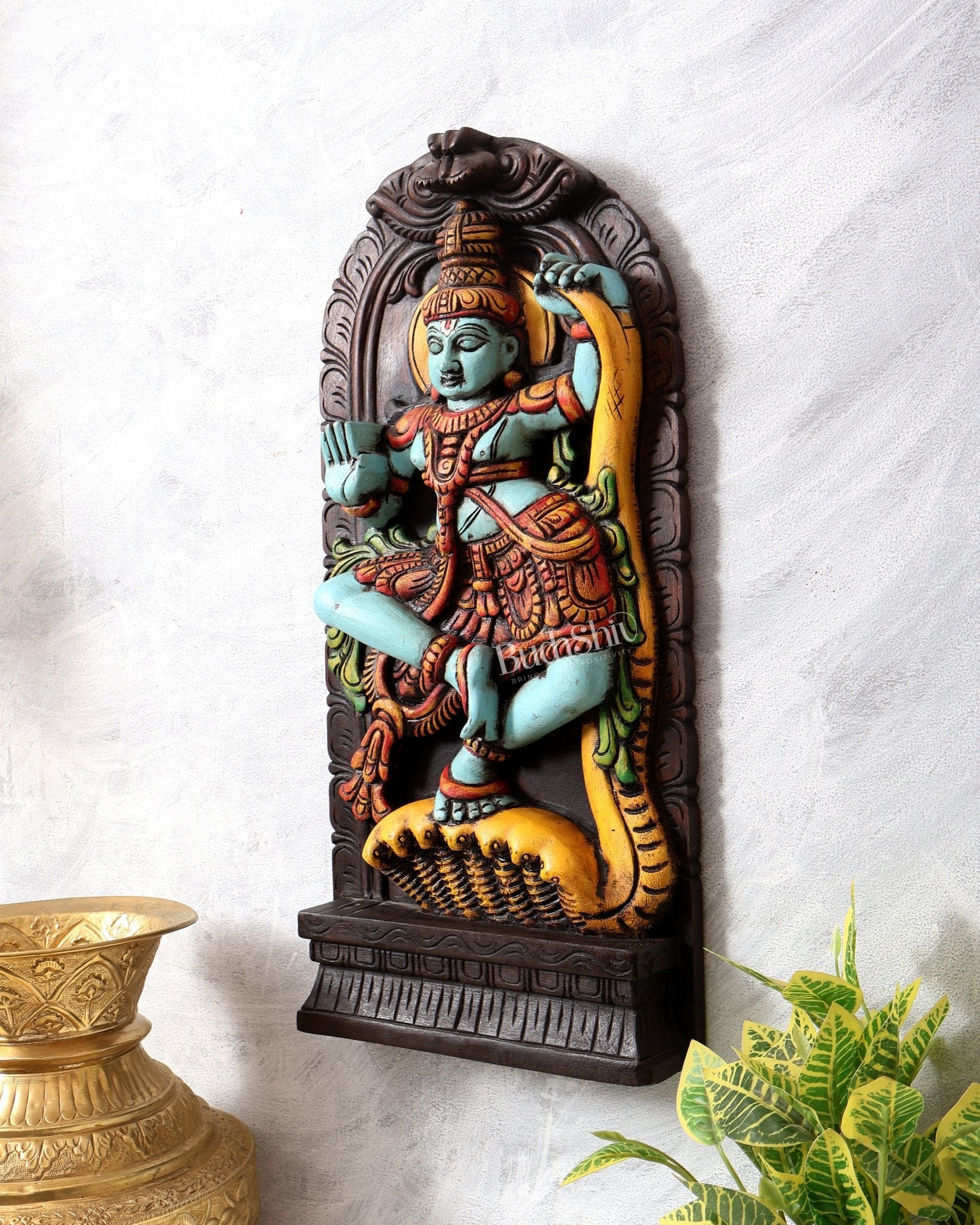 Wooden Kalinga Narthana Krishna Wall Hanging – Hand - Painted 18 inch - Budhshiv.com