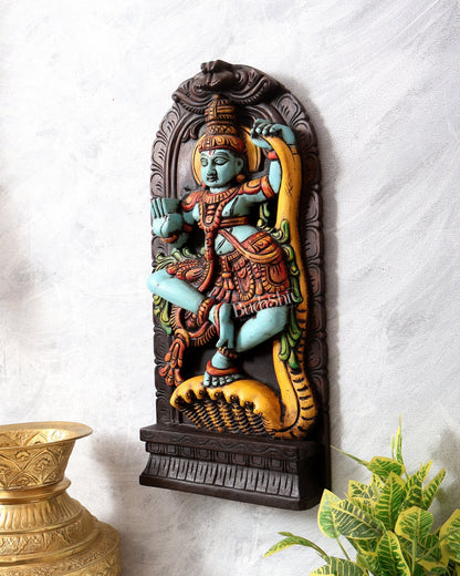 Wooden Kalinga Narthana Krishna Wall Hanging – Hand - Painted 18 inch - Budhshiv.com
