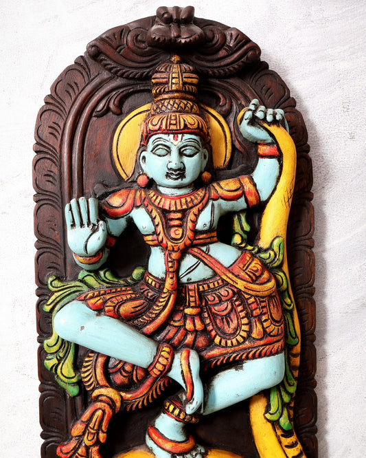 Wooden Kalinga Narthana Krishna Wall Hanging – Hand - Painted 18 inch - Budhshiv.com