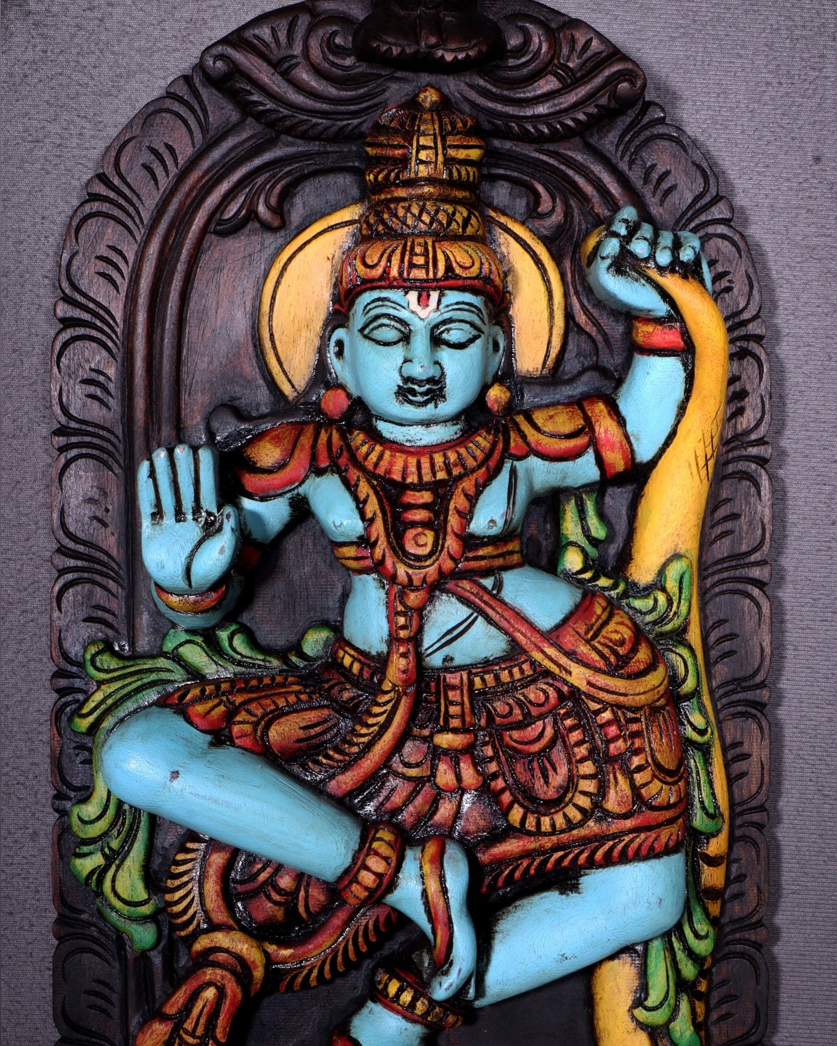 Wooden Kalinga Narthana Krishna Wall Hanging – Hand - Painted 18 inch - Budhshiv.com