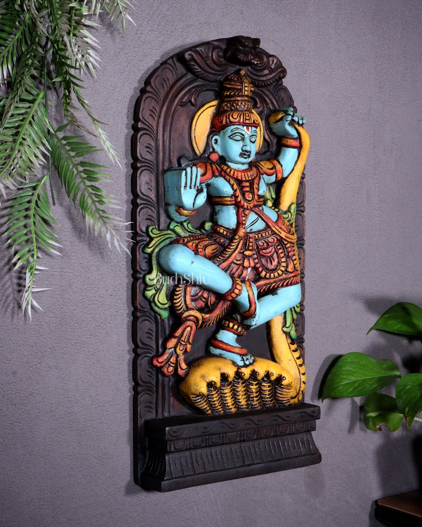 Wooden Kalinga Narthana Krishna Wall Hanging – Hand - Painted 18 inch - Budhshiv.com