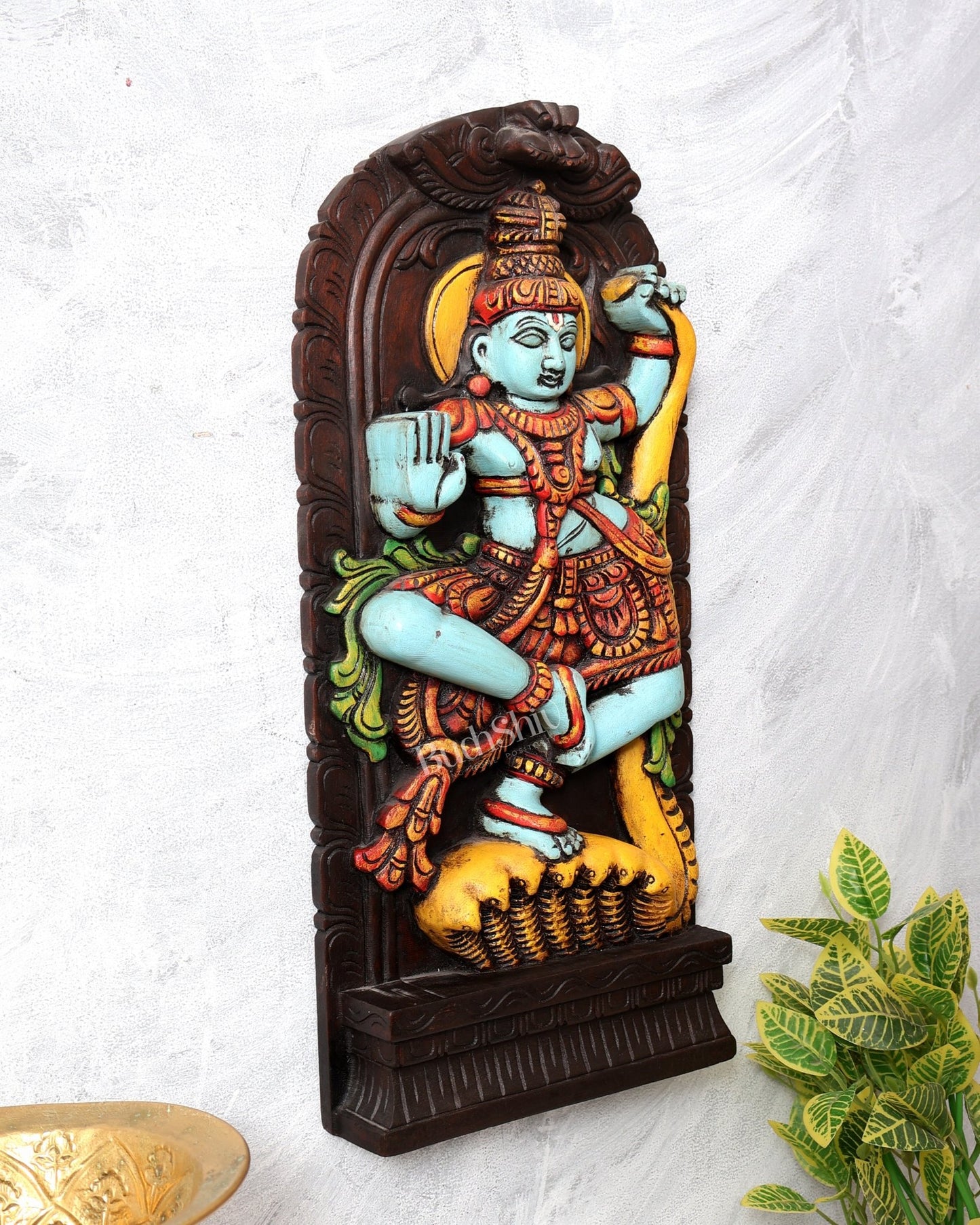 Wooden Kalinga Narthana Krishna Wall Hanging – Hand - Painted 18 inch - Budhshiv.com