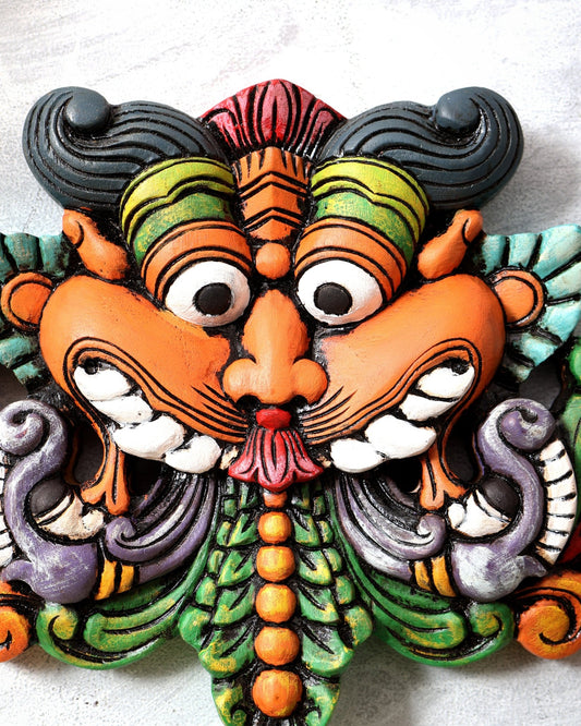 Wooden Kirtimukha Yali Wall Hanging Nazarbattu 12" Handcrafted Protection Charm hand - painted - Budhshiv.com