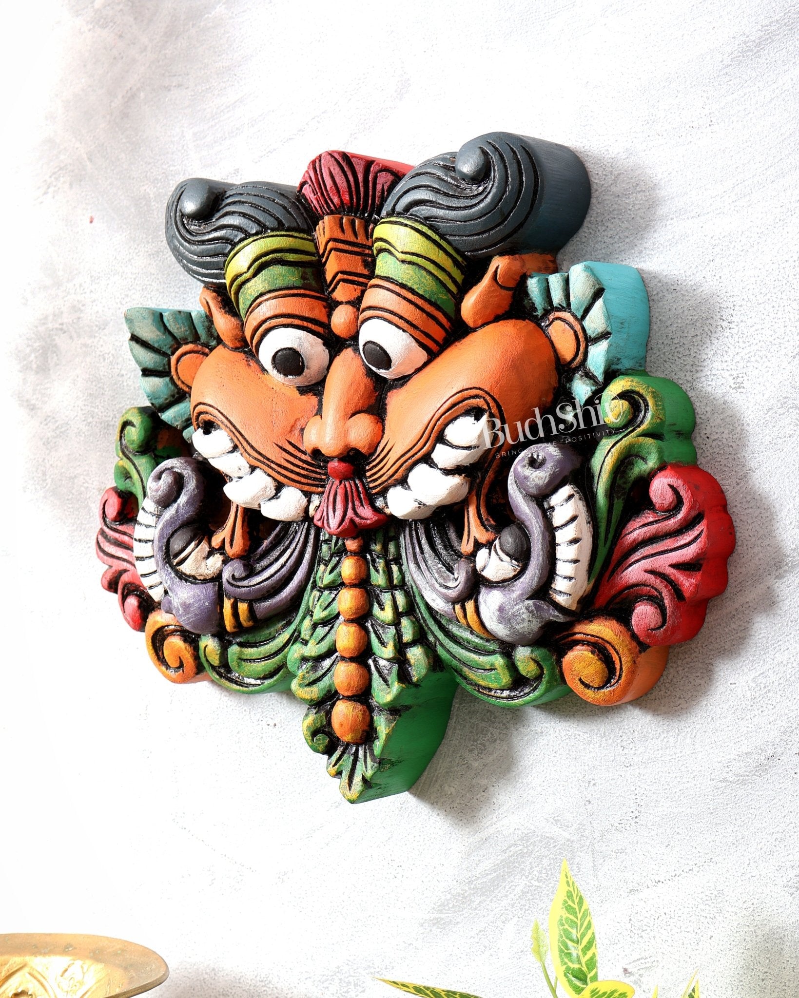 Wooden Kirtimukha Yali Wall Hanging Nazarbattu 12" Handcrafted Protection Charm hand - painted - Budhshiv.com