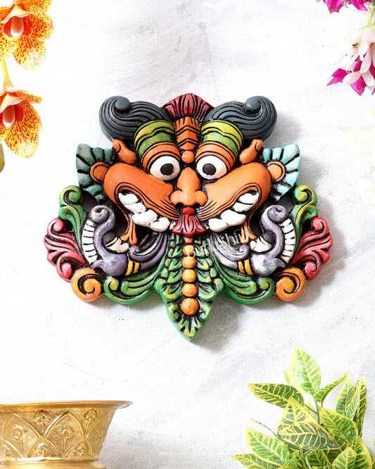 Wooden Kirtimukha Yali Wall Hanging Nazarbattu 12" Handcrafted Protection Charm hand - painted - Budhshiv.com