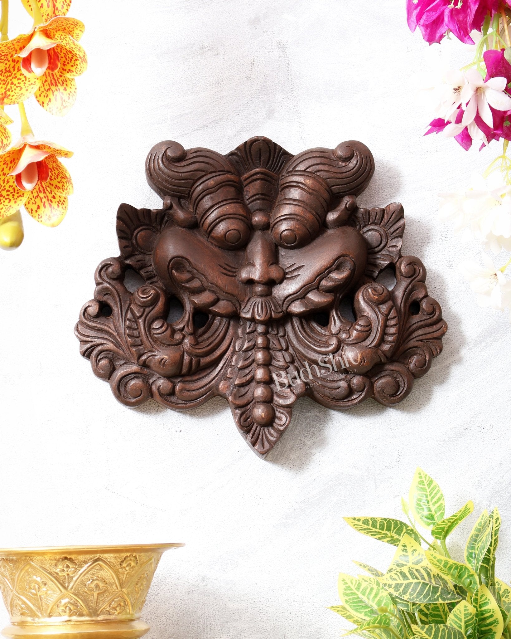 Wooden Kirtimukha Yali Wall Hanging Nazarbattu 12" Handcrafted Protection Charm - Budhshiv.com