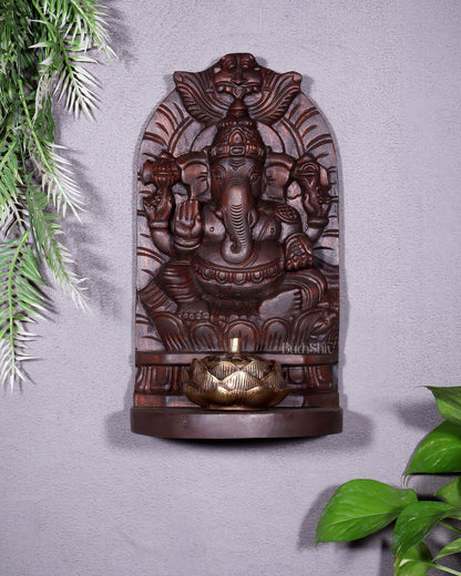 Wooden Lord Ganesha Carved Wall Hanging Shelf – Decorative Display Shelf 12" - Budhshiv.com