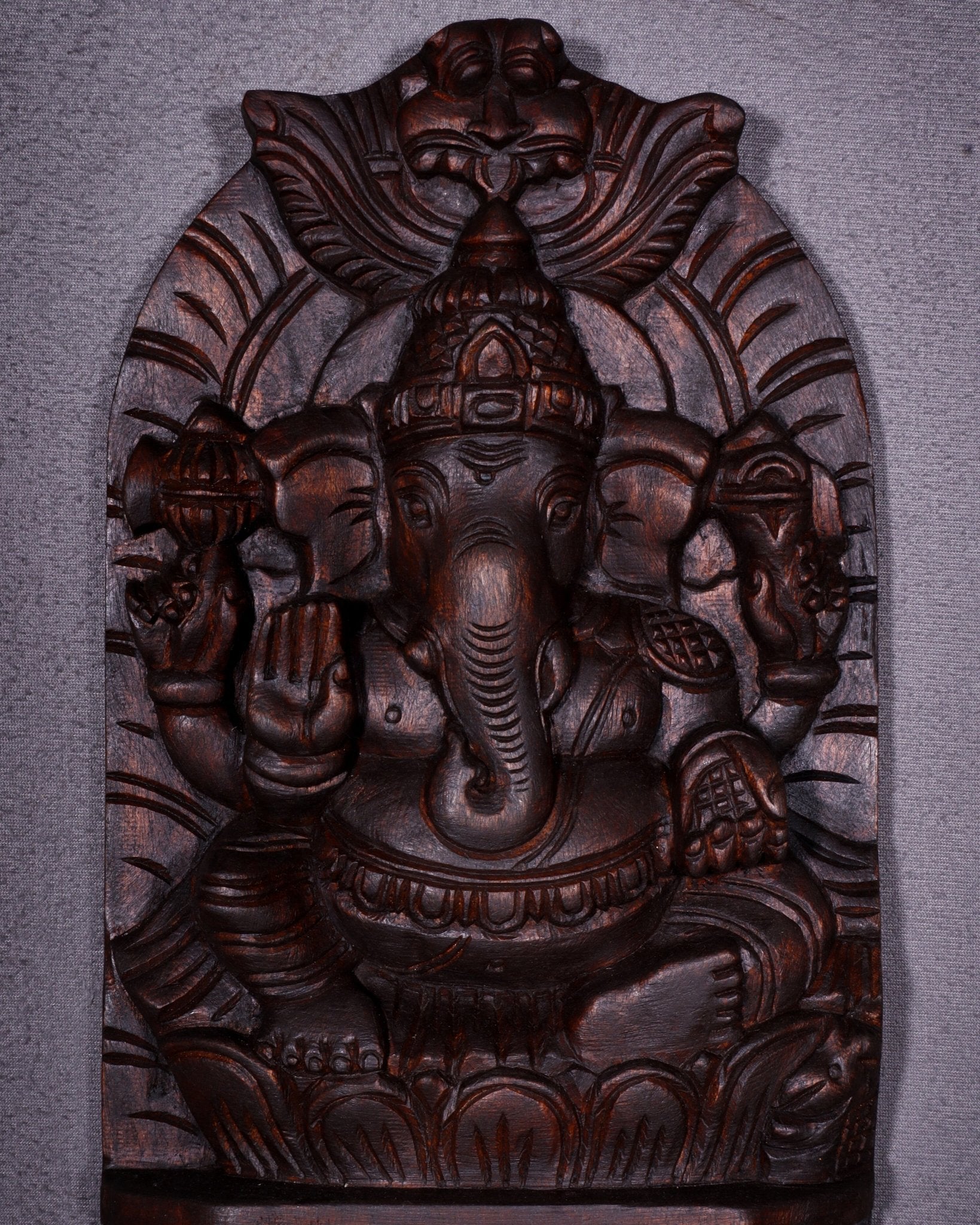 Wooden Lord Ganesha Carved Wall Hanging Shelf – Decorative Display Shelf 12" - Budhshiv.com