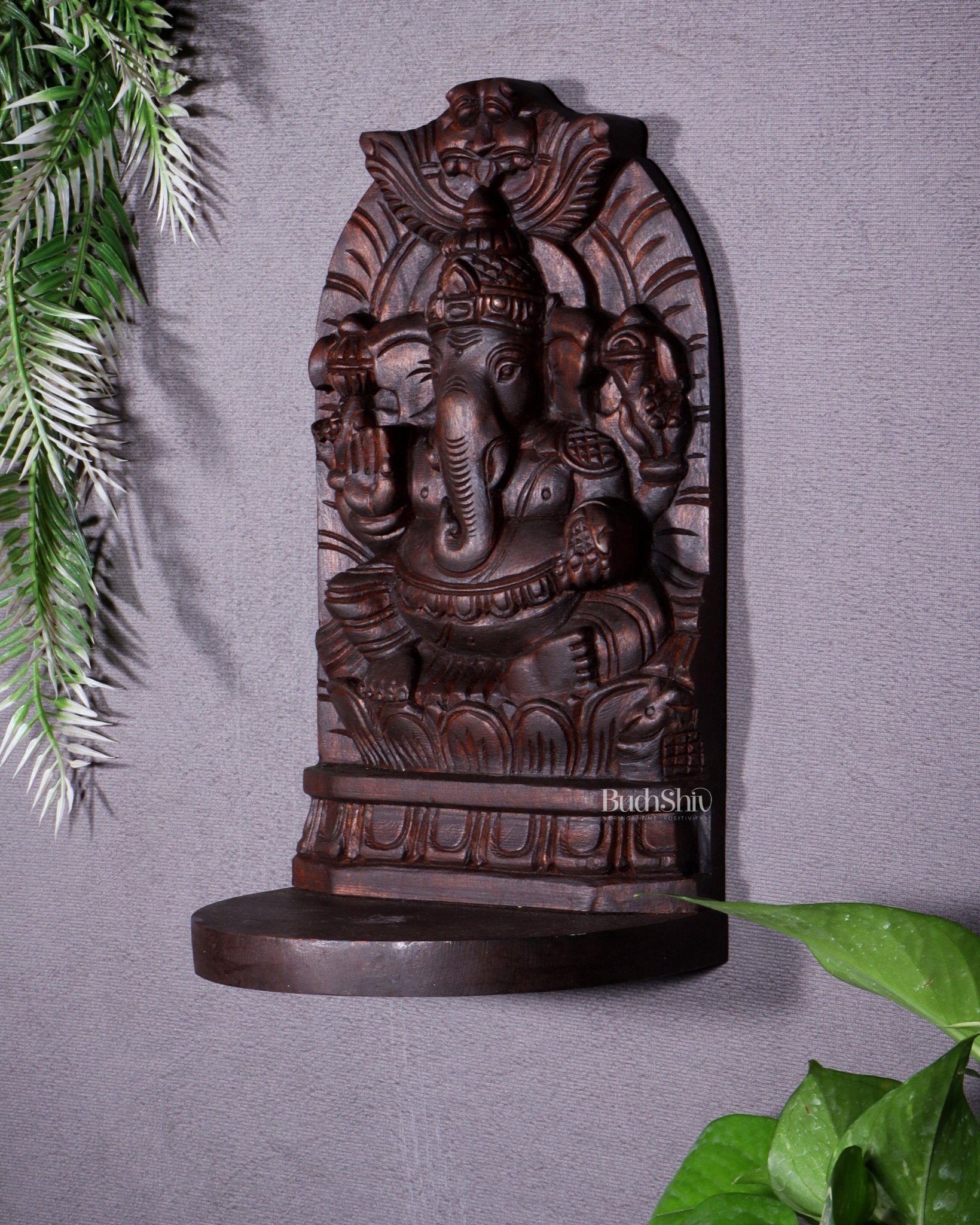 Wooden Lord Ganesha Carved Wall Hanging Shelf – Decorative Display Shelf 12" - Budhshiv.com
