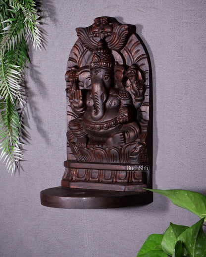 Wooden Lord Ganesha Carved Wall Hanging Shelf – Decorative Display Shelf 12" - Budhshiv.com
