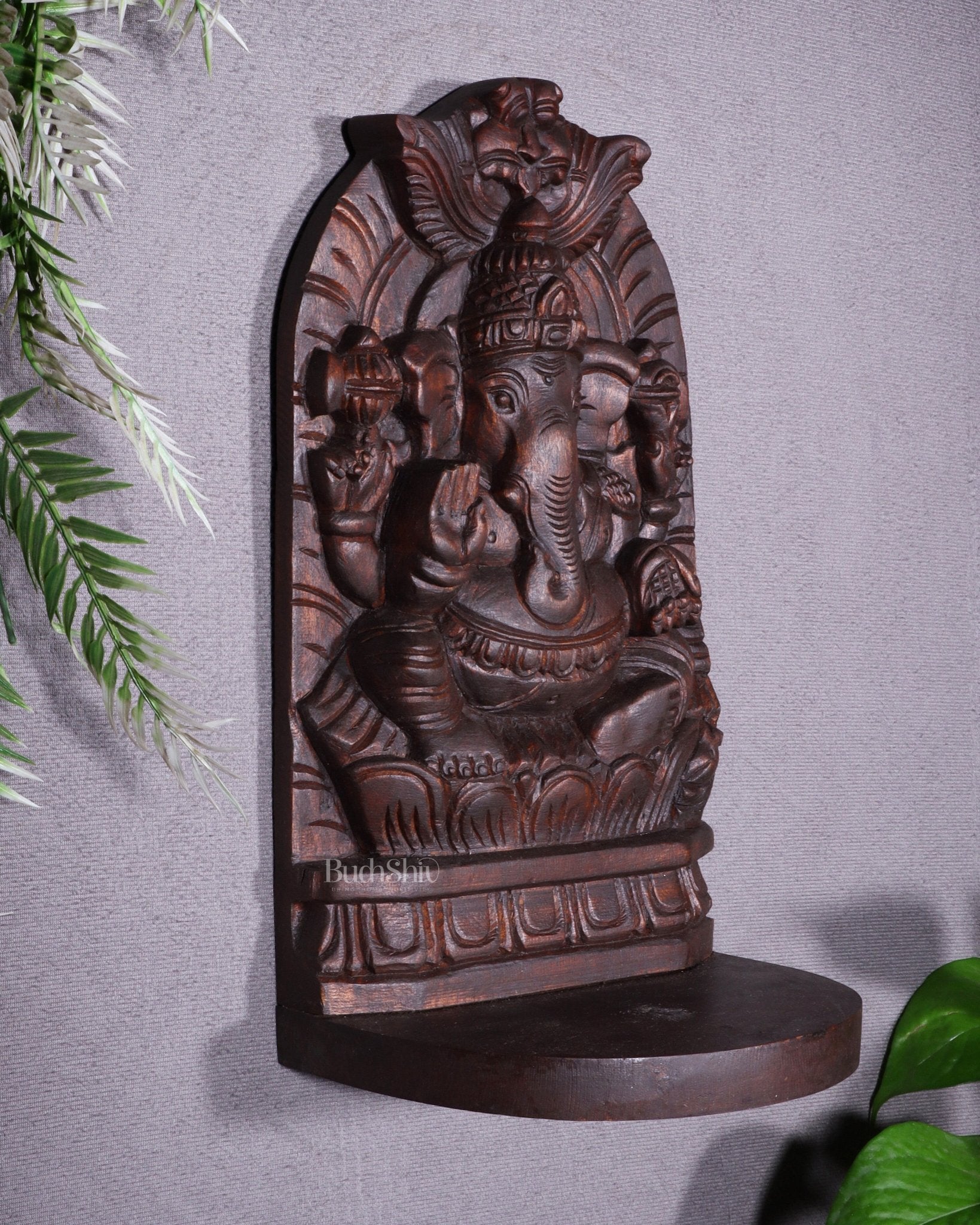 Wooden Lord Ganesha Carved Wall Hanging Shelf – Decorative Display Shelf 12" - Budhshiv.com