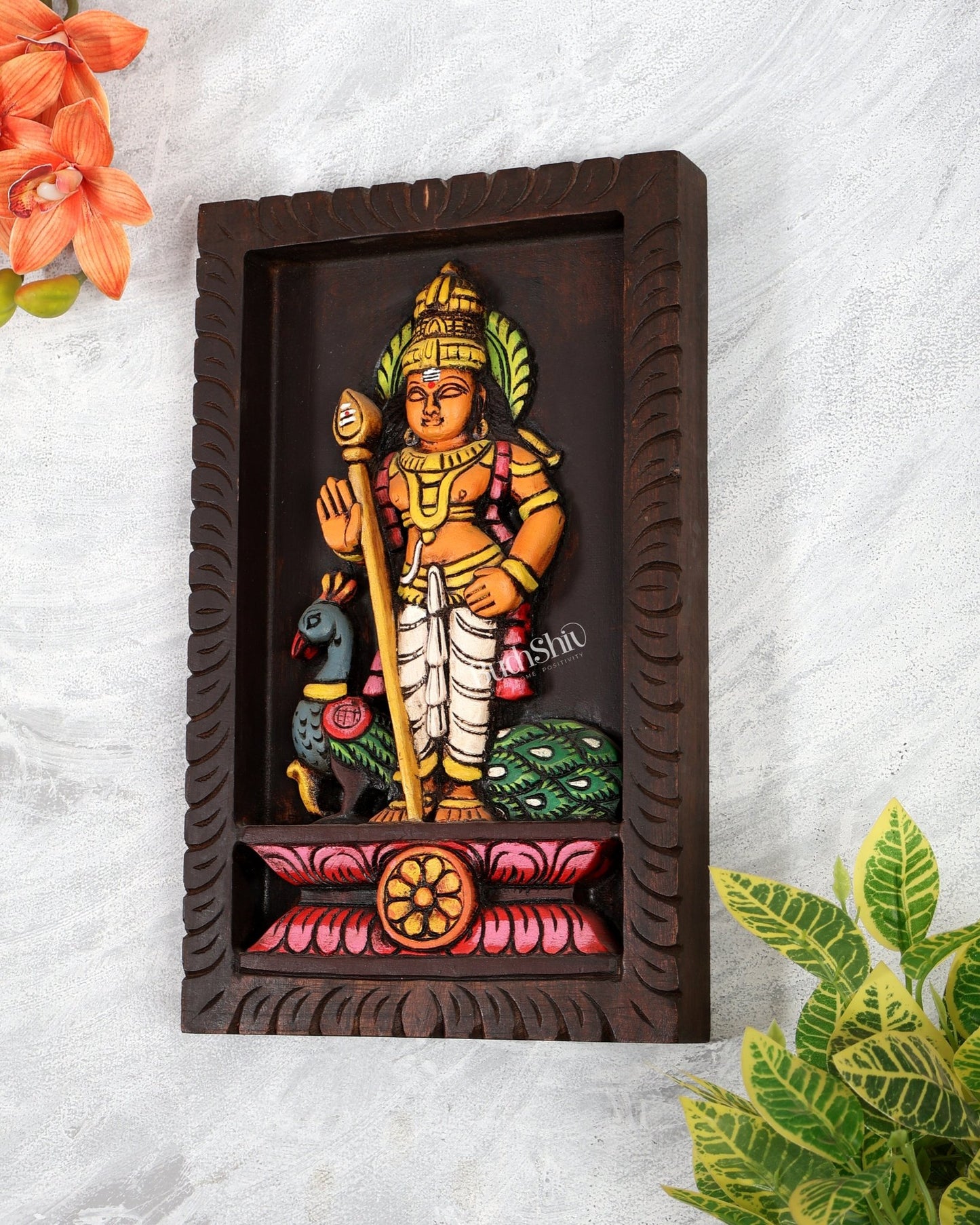 Wooden Lord Murugan with Peacock Wall Hanging – Hand - Painted Panel 13 inch - Budhshiv.com