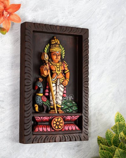 Wooden Lord Murugan with Peacock Wall Hanging – Hand - Painted Panel 13 inch - Budhshiv.com