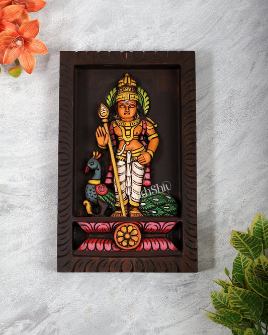 Wooden Lord Murugan with Peacock Wall Hanging – Hand - Painted Panel 13 inch - Budhshiv.com
