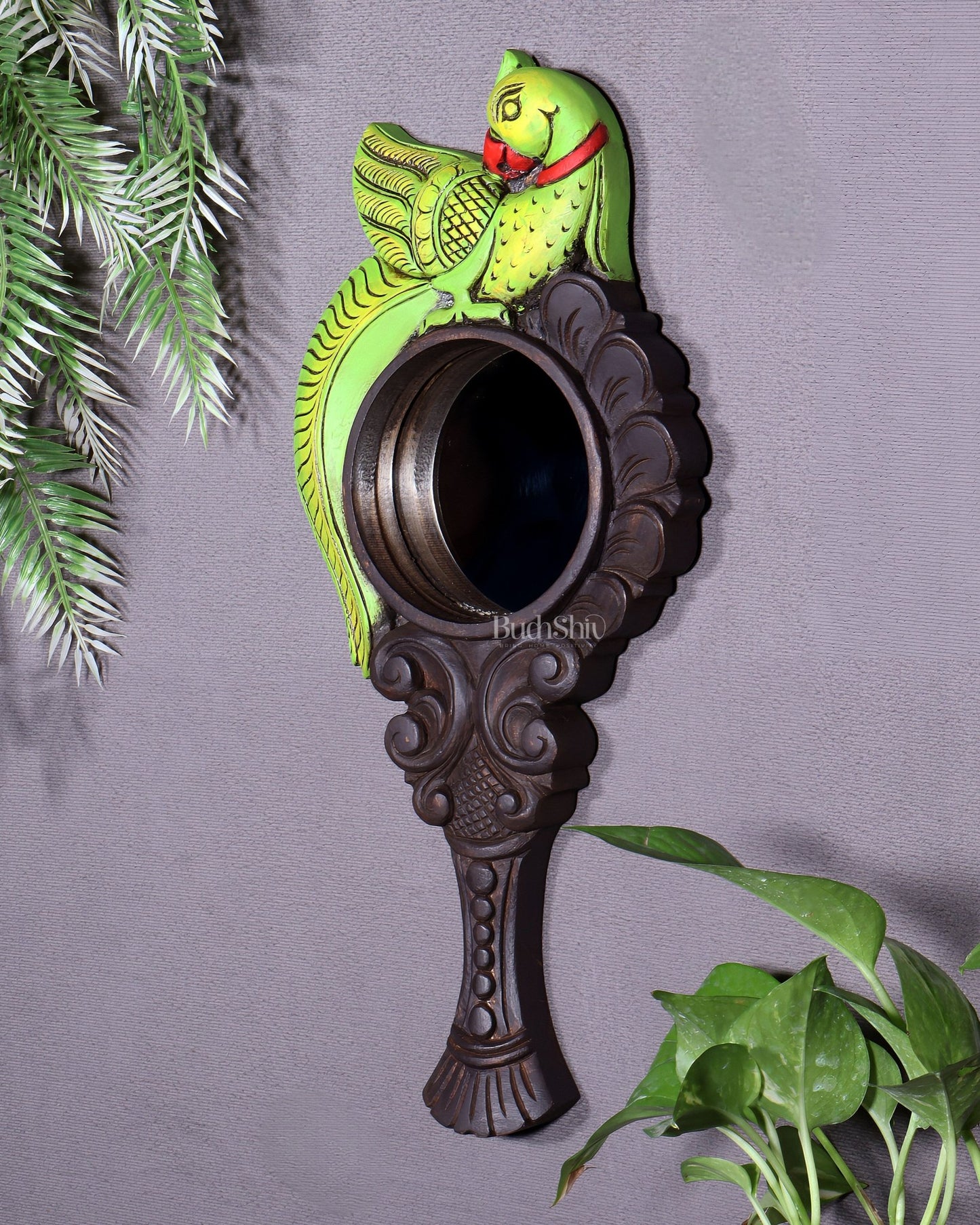 Wooden Parrot Design Hanging Mirror – Handcrafted Elegance - Budhshiv.com